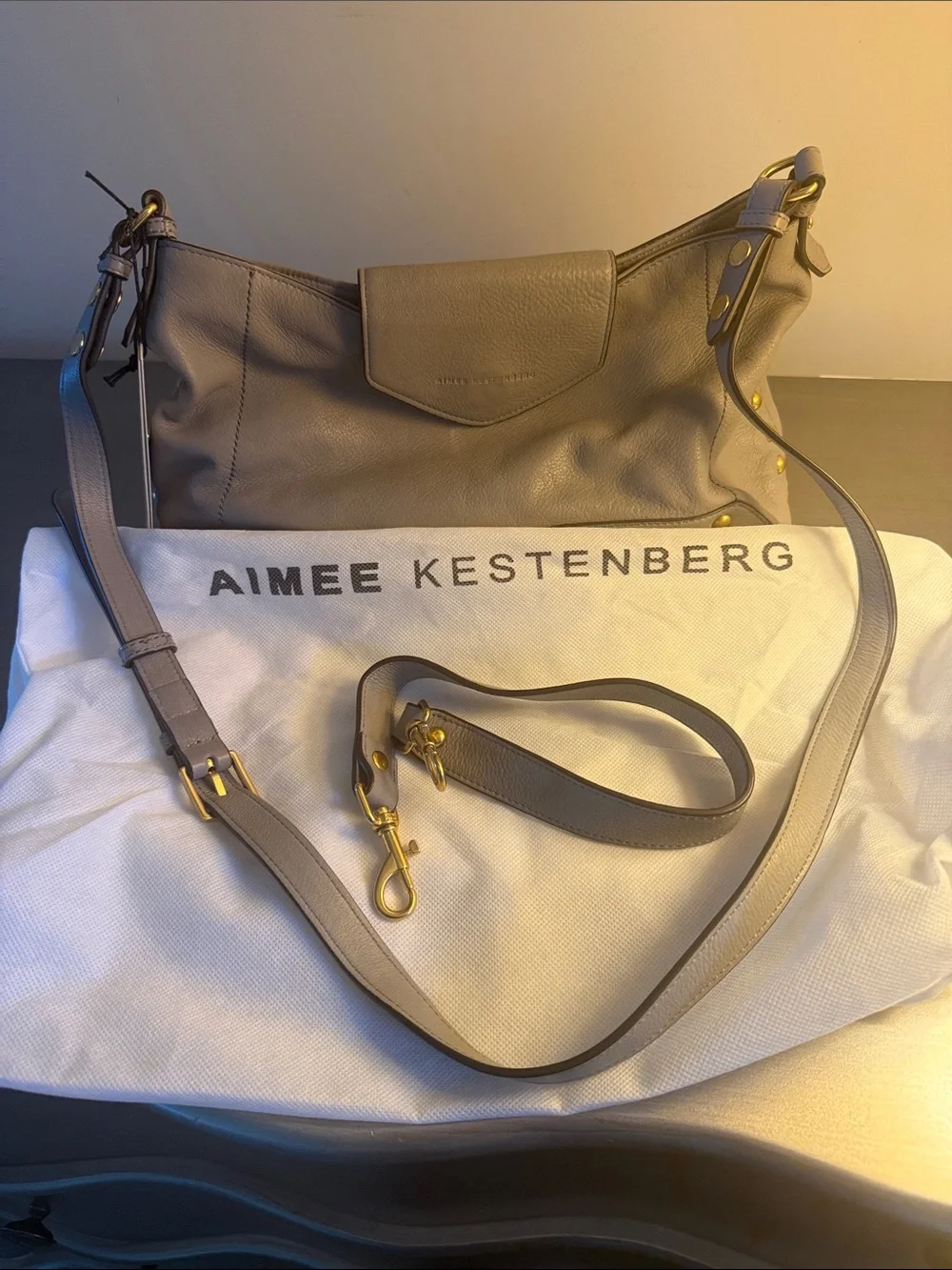 Aimee Kestenberg Taupe Leather Shoulder Bag with Gold Hardware